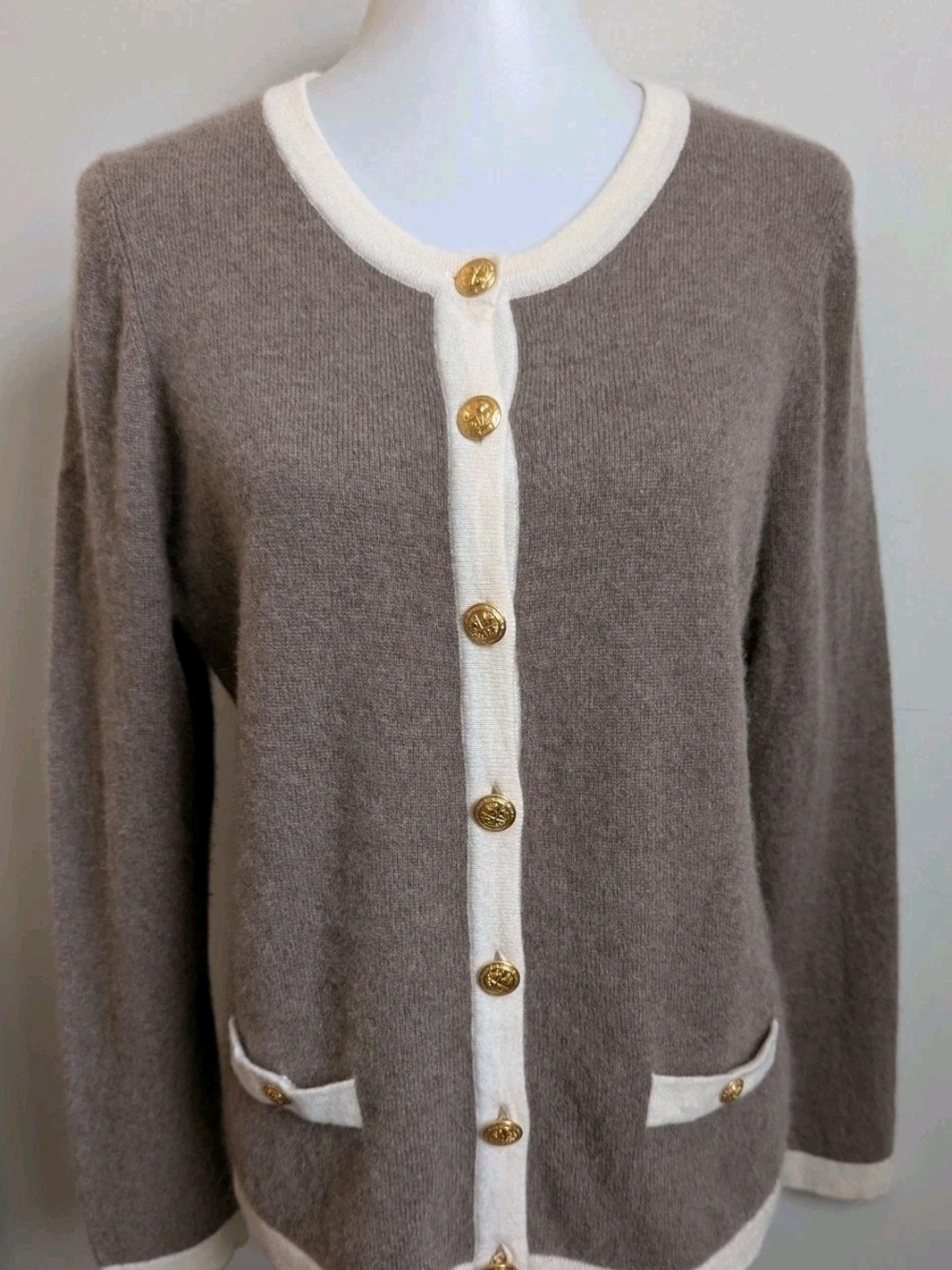 100% Cashmere Taupe Cream Button-Front Sweater Cardigan Old Money Quiet Luxury